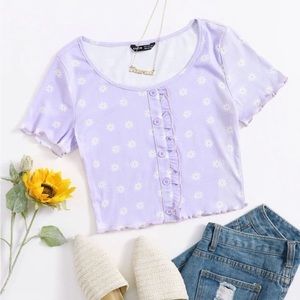 Lavender Frill Trim Crop Top with Daisy Print and Faux Button Details NWOT
